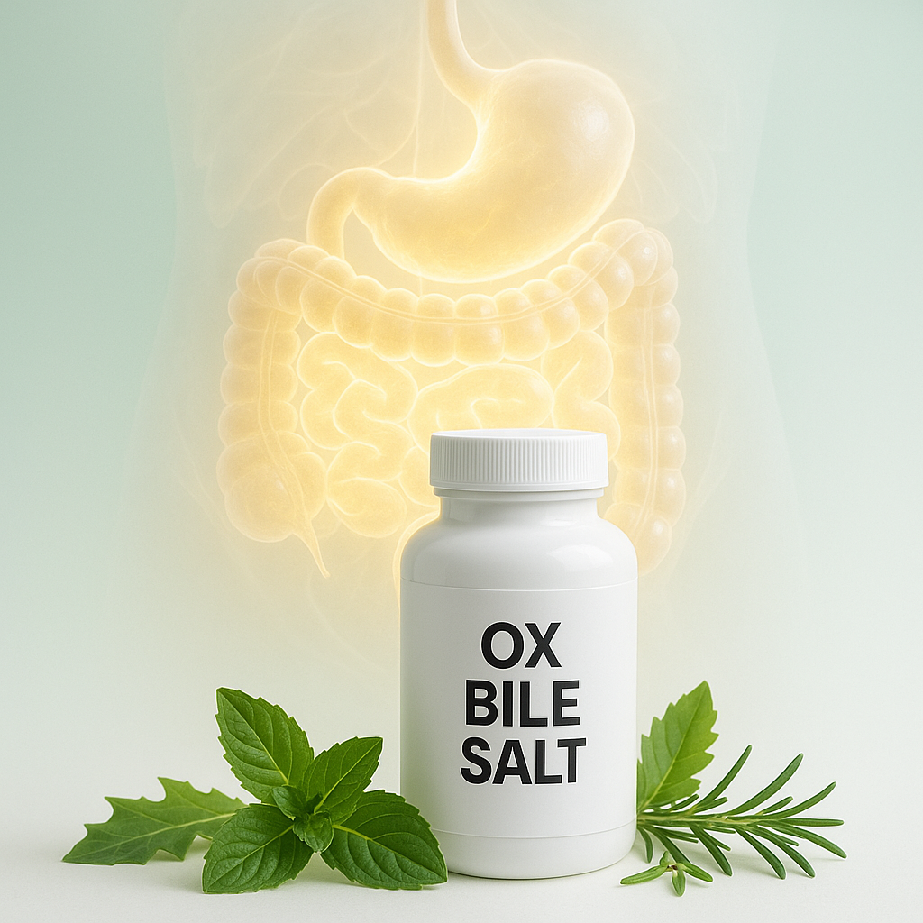 A glowing digestive system surrounded by a bottle of ox bile salt supplements, fresh green herbs like mint, ginger, turmeric, and dandelion, symbolizing natural digestion support with a fresh green color palette.
